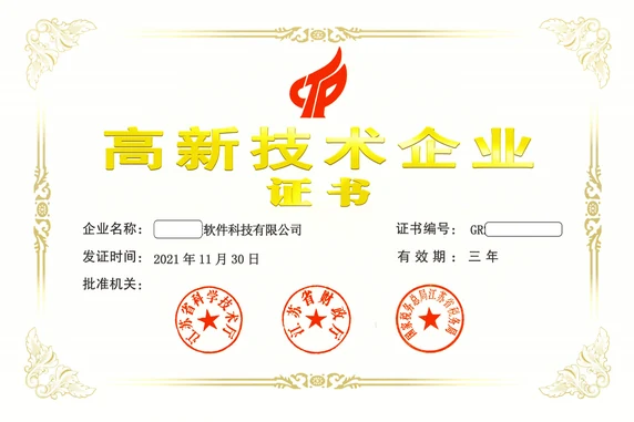 高新技术企业证书，保留原素材已有匿名遮挡