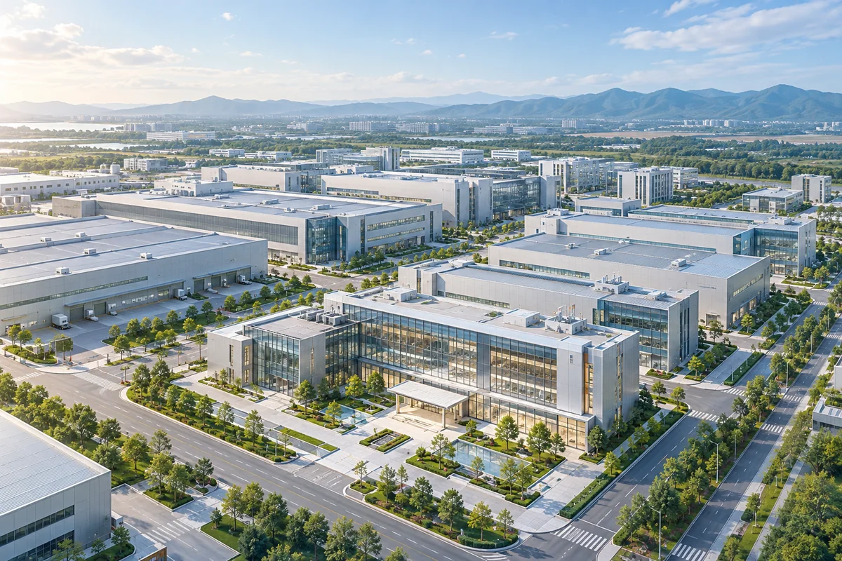 多栋研发与制造建筑组成的现代智能制造产业园区场景示意