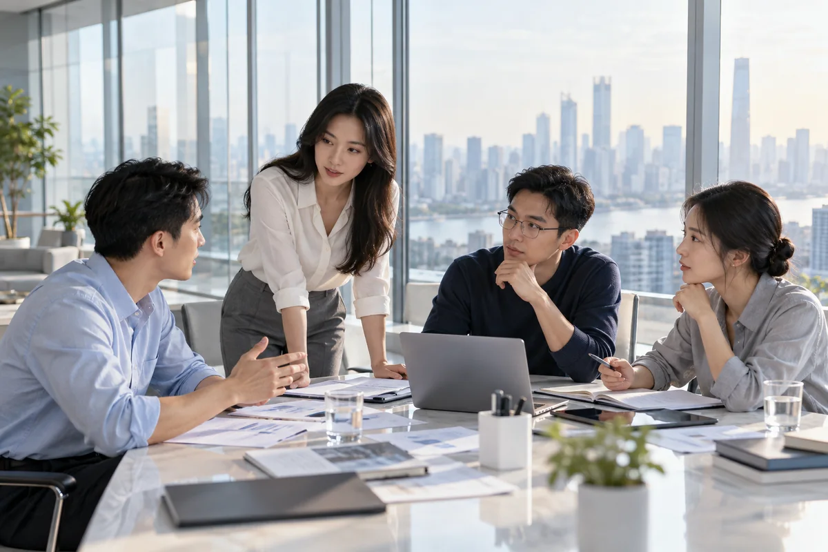 四位工作人员在明亮的玻璃办公室交流研发资料的场景示意